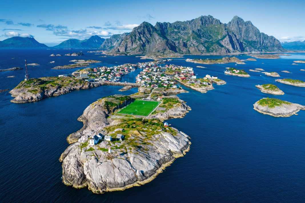The islands seen from a drone perspective from Vestfjord.