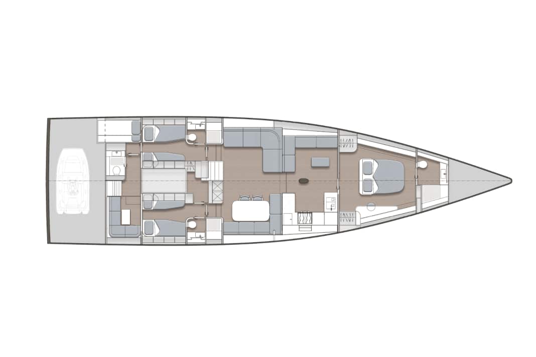Das Standardlayout: Crewbereich mit Stockbetten achtern, Pantry am Hauptschott, riesige Bugkabine.