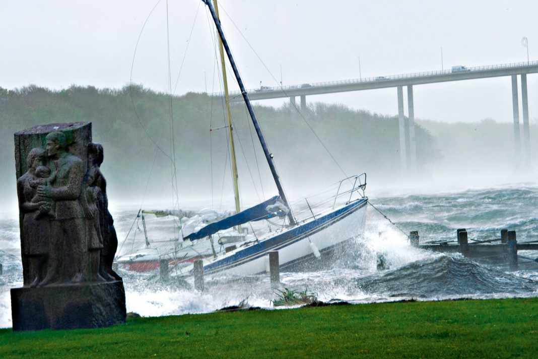 A heavy autumn storm over the Baltic Sea causes yachts in Svendborgsund to perform a wild dance on the jetty