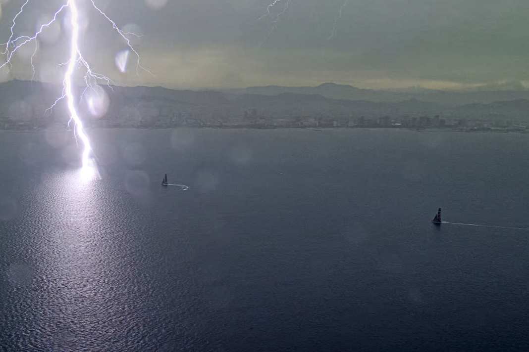 A second shot of the frightening moment for the teams on the Louis Vuitton Cup circuit outside Barcelona