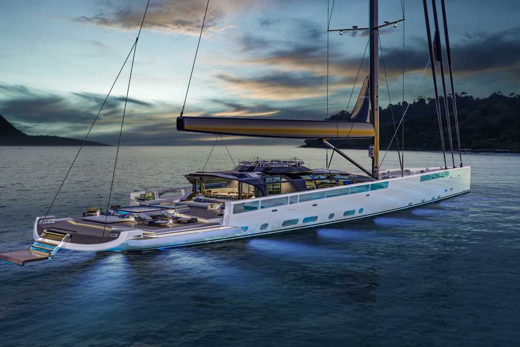 Tony Castro designed the 62.5 metres for comfortable ocean sailing. Glass inserts make the high bulwarks appear more delicate.