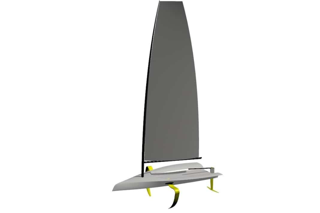 The mast is split in two, the nine square metre sail is fully battened