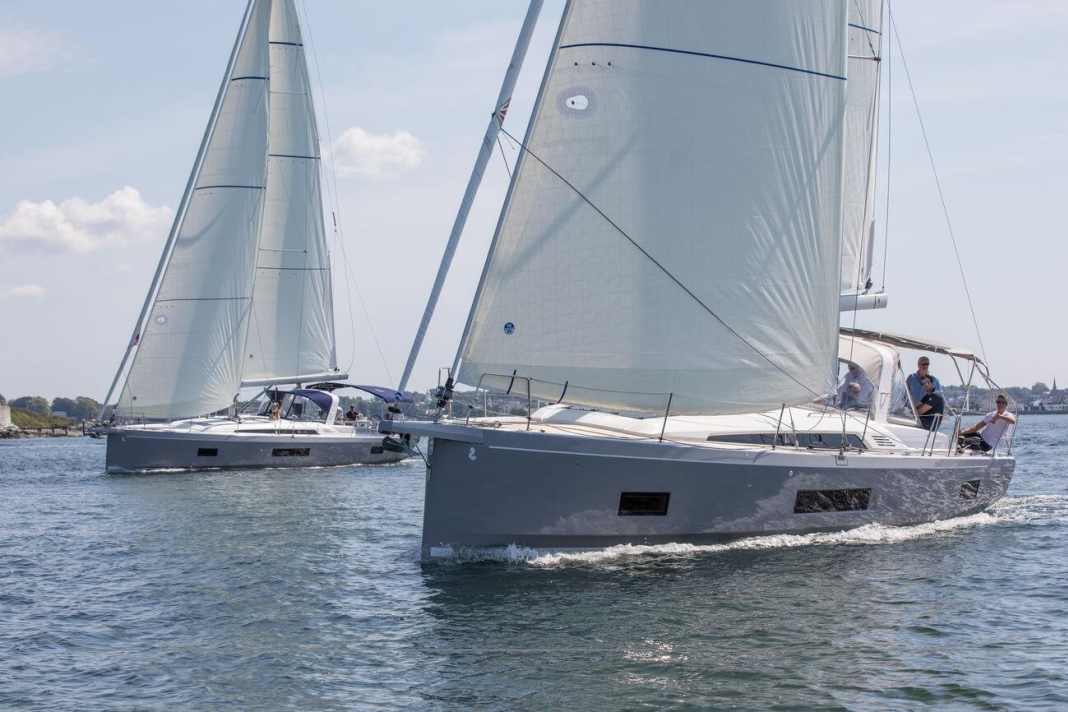 Breakthrough downwind. The 46.1 designed by Finot/Conq can not only hold its big sister, but easily passes her by