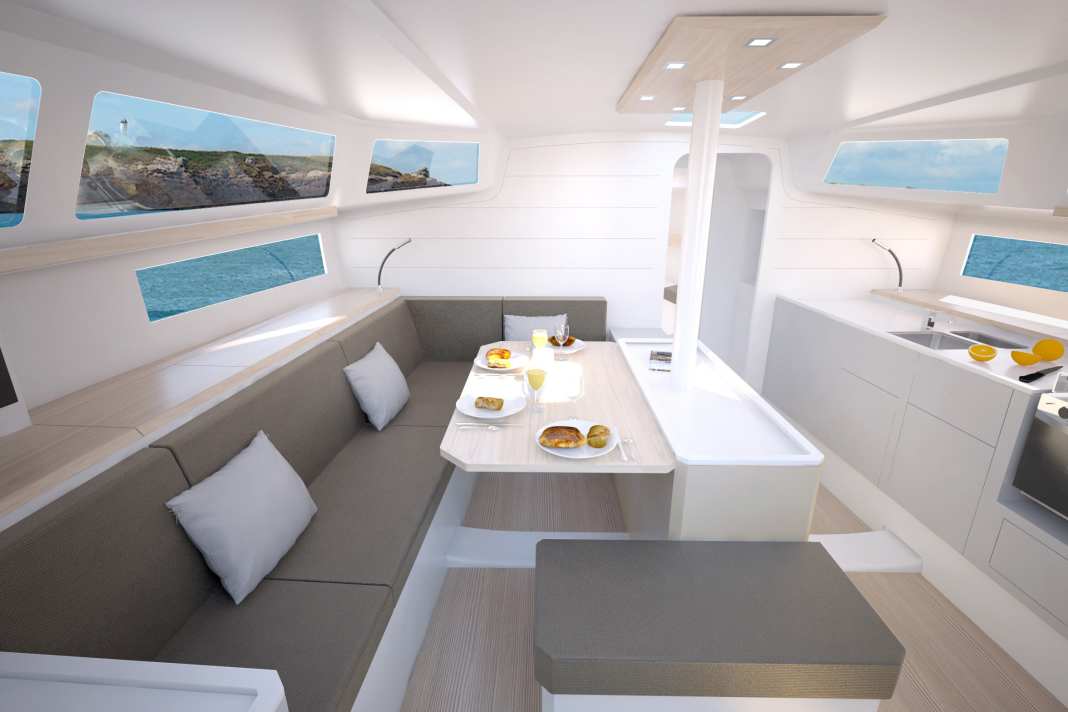 Large windows in the superstructure and hull allow an almost unrestricted view. The galley is attached to the side, the bulky box for the swivelling keel is striking