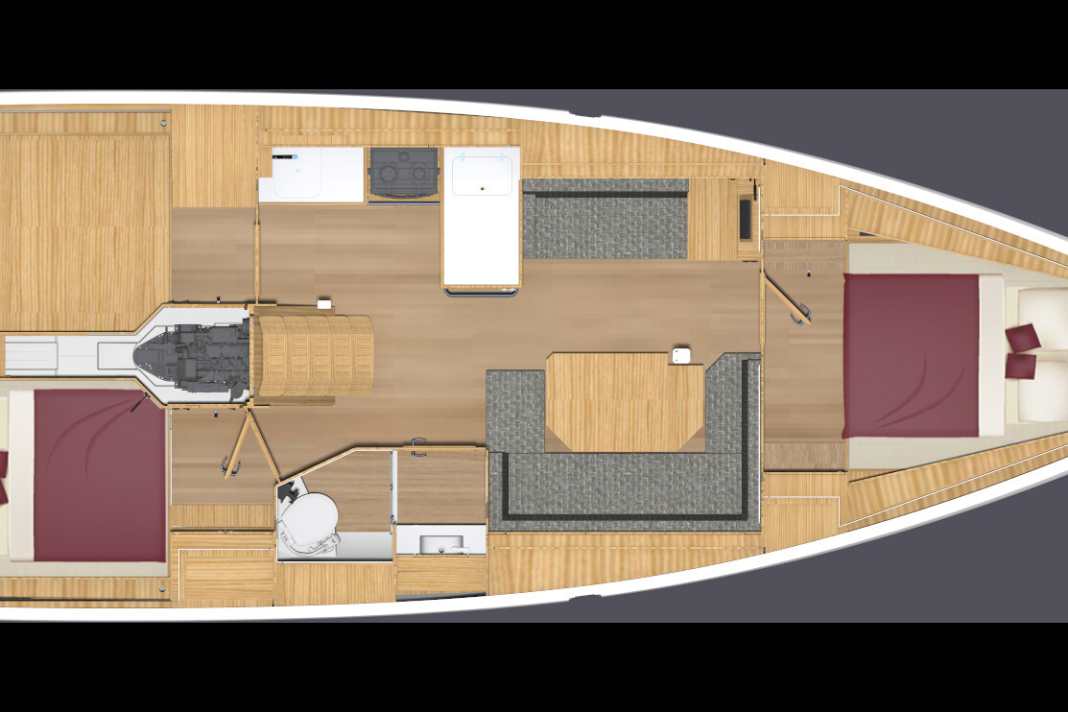 Bavaria C38, layout standard avec deux cabines, une salle d'eau et un grand coffre à bâbord à l'arrière