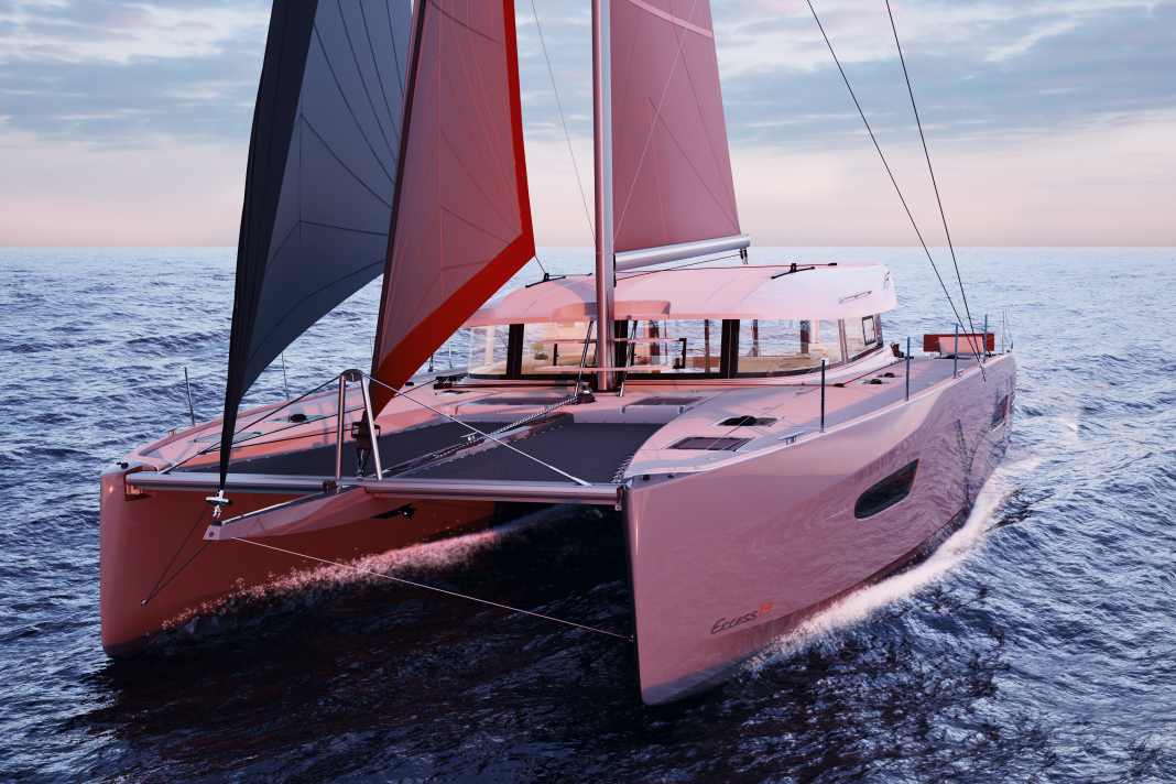 The cabin superstructure is mounted far aft. The hulls are long and slim at the front