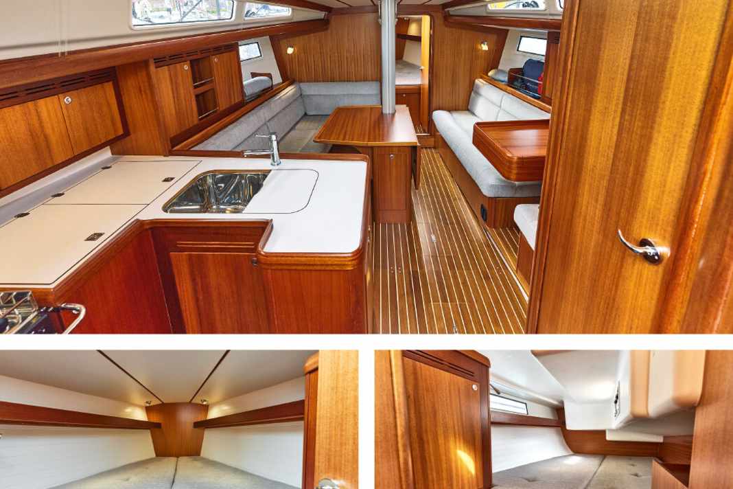 Arcona 385    Klassisches, wohnliches und sehr schön gebautes Interieur im skandinavischen Stil aus Khaya-Mahagoni. Das gefühlte Volumen ist sehr groß. Die Doppelkojen im Vorschiff sowie auch in der Achterkabine bieten beide die breitesten Liegeflächen im Vergleich. Hinten stört die Motorenverkleidung