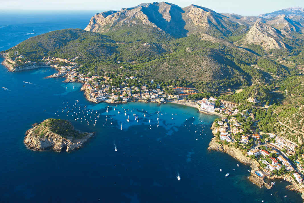 View of the popular anchorage off Sant Elm on the western tip of Mallorca