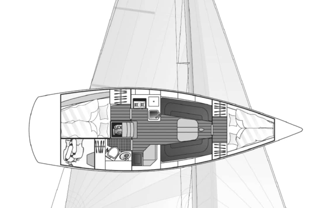 Bavaria 35 Match: Potente Serienyacht. Durch Kielverlust der 42 Match in Verruf geraten, daher günstig | Zeichnung: A. Hoppenhaus
