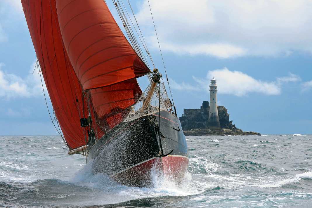 "Jolie Brise" has rounded the rock. The cutter wins the Fastnet Race three times over everything
