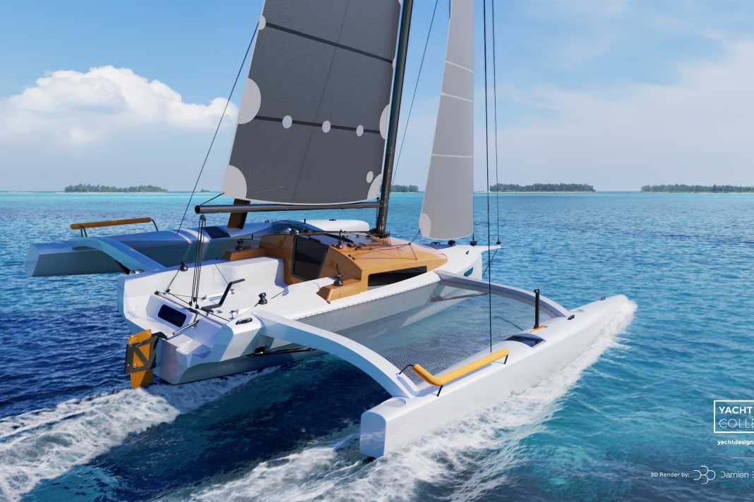 The side floats are equipped with retractable centreboards. The rudder blade is attached to the rear of the centre hull and can be folded away