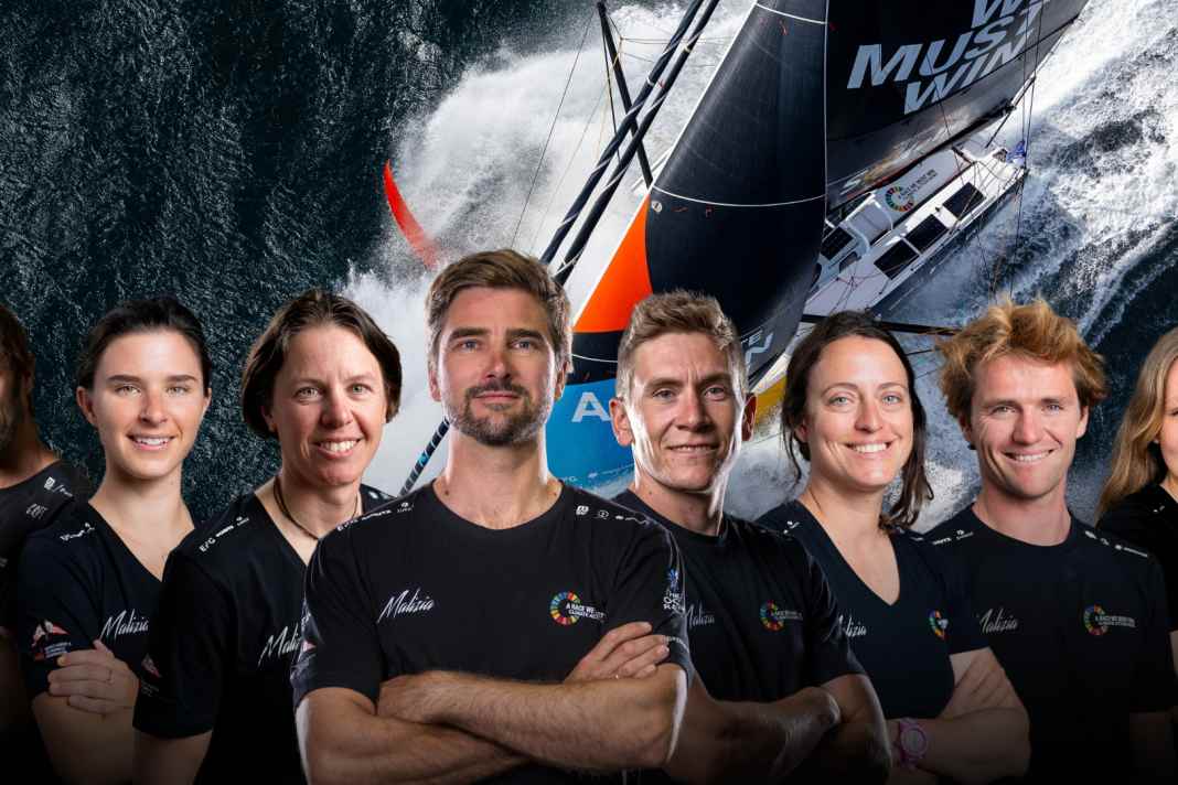 Team Malizias Crew fürs Ocean Race Europe (v.r.n.l.): Flore Hartout (Anbord-Reporterin), Loïs Berrehar, Justine Mettraux, Will Harris, Boris Herrmann, Francesca Clapcich, Cole Brauer, Antoine Auriol (Anbord-Reporter).