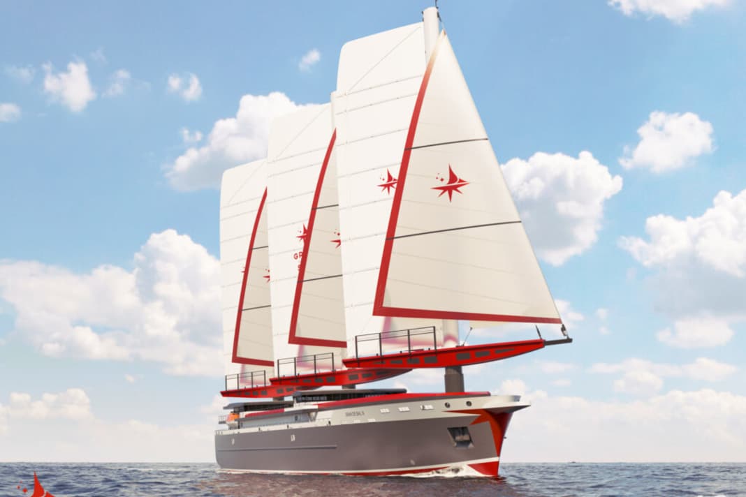 La nuova nave da carico bretone è lunga 110 metri, trasporta quasi 4000 metri quadrati di tela e dovrebbe essere in grado di attraversare l'Atlantico in soli 13 giorni con emissioni ridotte. Capacità: 200 container TEU. | Immagine: L2O Naval