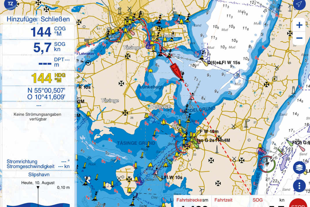 Standard chart image with data bar: On the left-hand side of the screen, the user can freely configure the standard data displayed and select almost 30 possible parameters such as COG, SOG, HDG, weather, tide data, route waypoints or wind data from boat instruments via W-Lan