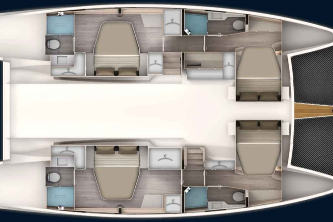 Standard-Layout mit 4 Kabinen und 4 Bädern. Die Doppelkojen sind alle quer zur Fahrtrichtung eingebaut