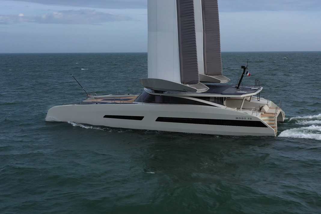 First test runs with installed wing sails. The wings are said to be around 35 per cent more efficient than a conventional sail plan with the same surface area.
