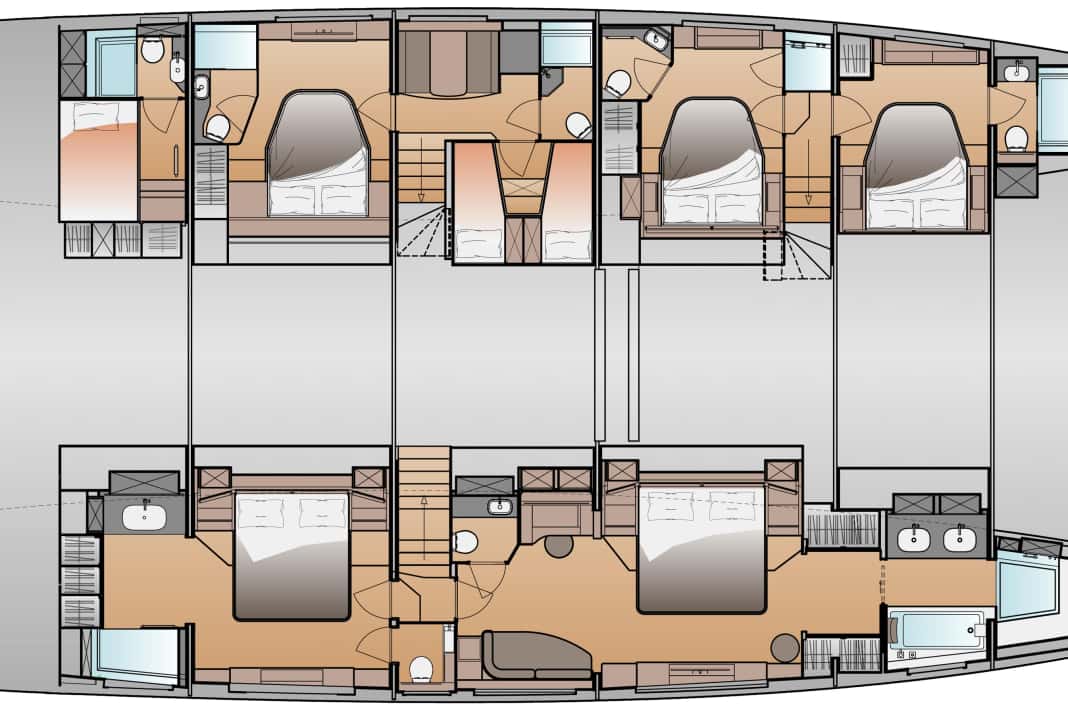 5 cabine, 3 zone equipaggio. La suite armatoriale, comprensiva di ufficio e bagno XL con vasca, si trova nello scafo di dritta, di fronte alla cabina VIP.