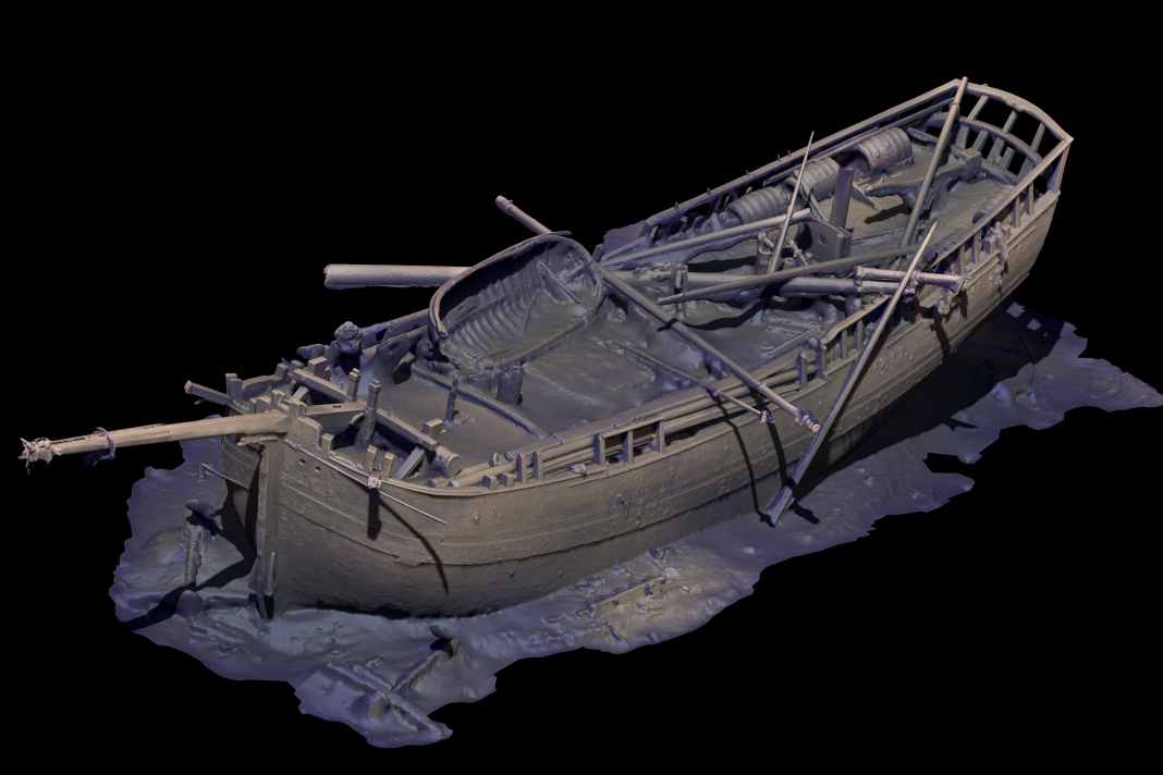Virtuelles 3D-Bild eines Schiffswracks, zusammengesetzt aus Tausenden Unterwasserfotos