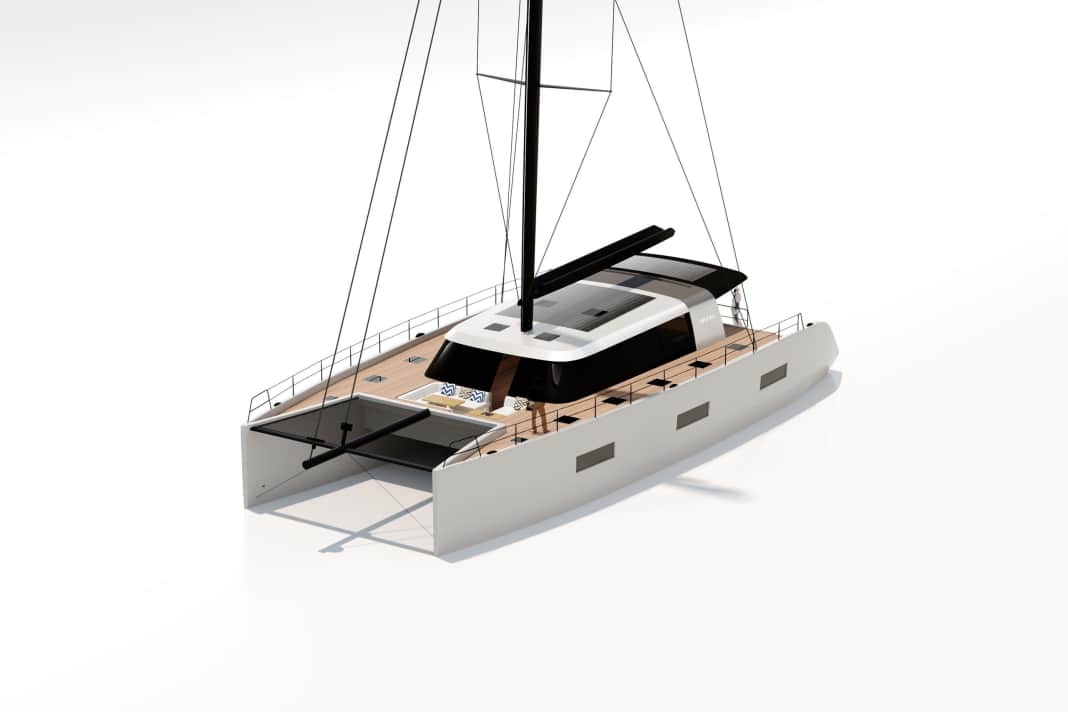 Das neue Vaan-Flaggschiff R8 ist 23,80 Meter lang und 11 Meter breit. Rumpf und Deck entstehen aus recyceltem Alu. | Renderings: Vaan Yachts