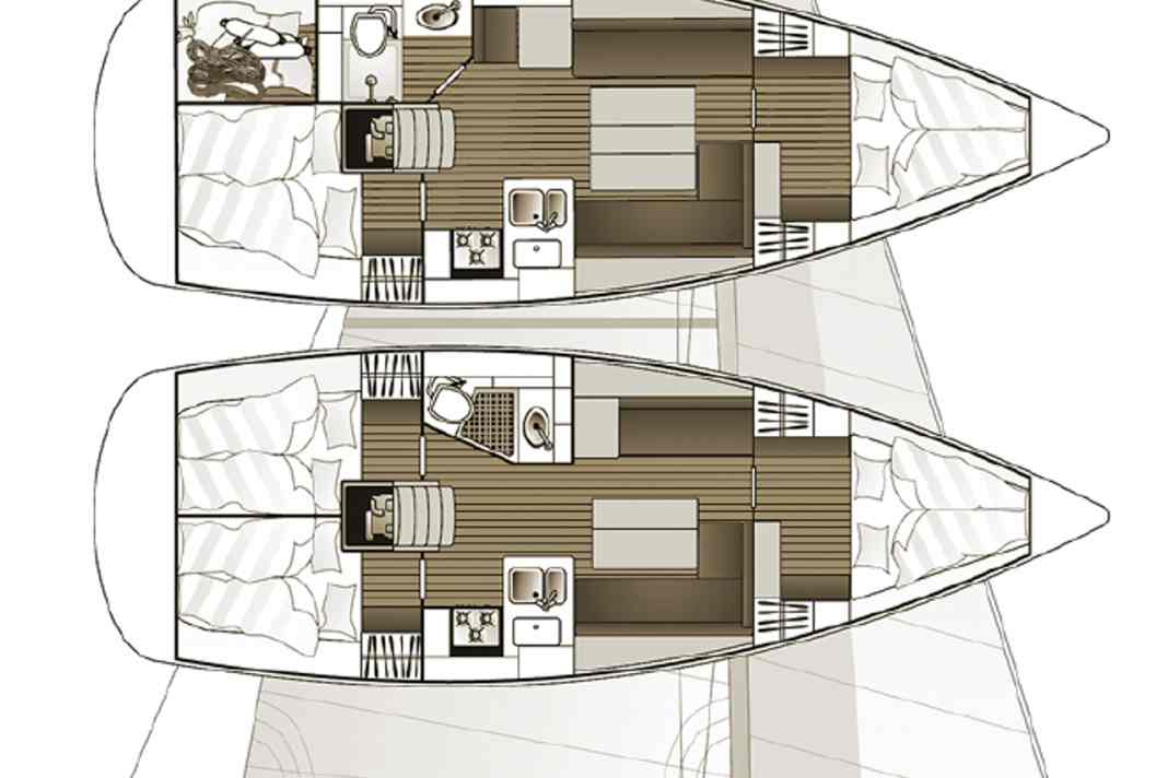 Bavaria 36: Large-volume cruising yacht, as a two-cabin yacht with a huge wet room. Mostly equipped with furling mast | Drawing: A. Hoppenhaus
