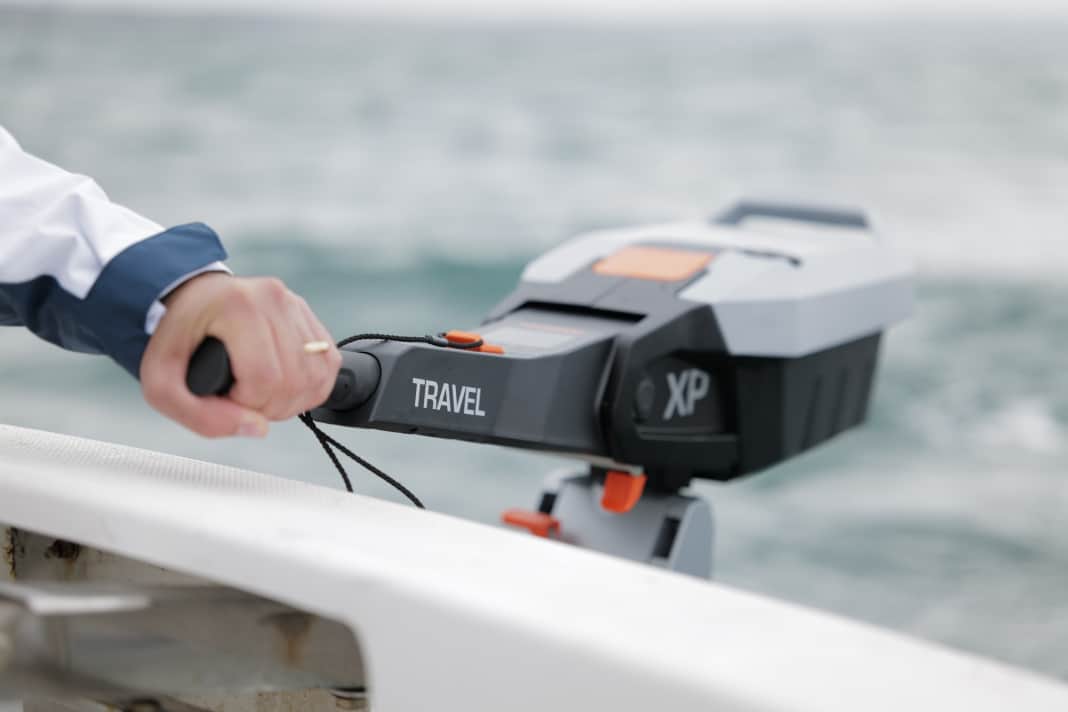 The Travel XP in action, the tiller is fixed to the motor and can be folded down for storage
