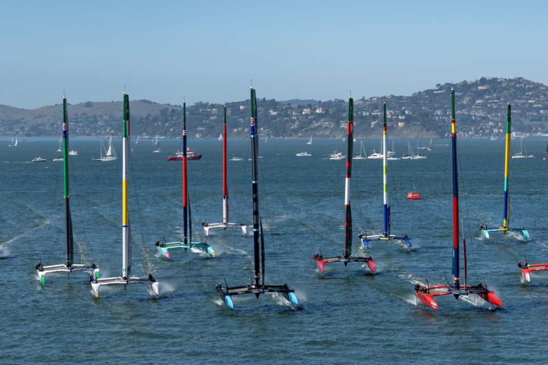 The speeding SailGP fleet in San Francisco.