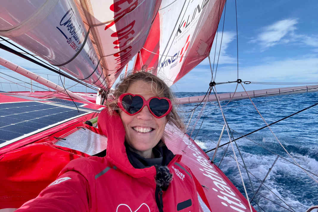 Sam Davies enjoyed the blue sky above her, although she has since fallen back considerably.