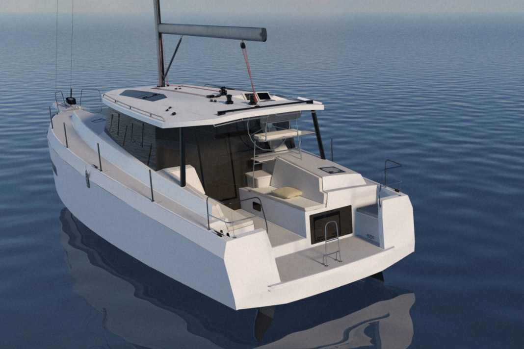 Cat features on monohull: cabin superstructure with bimini roof, raised steering position, all-round window strip.