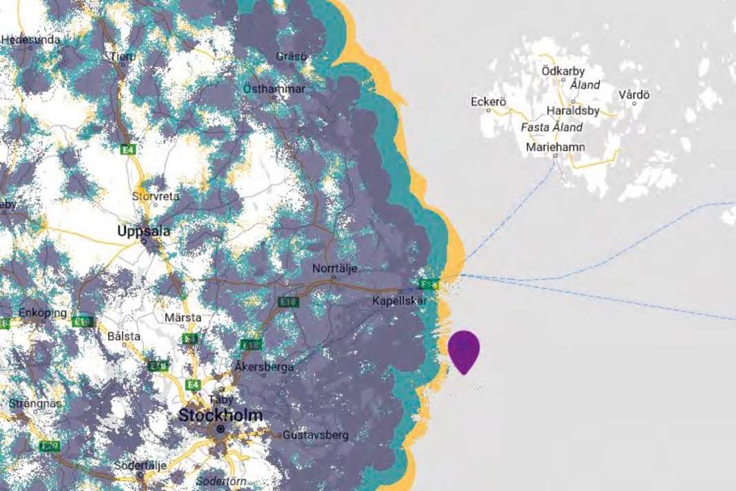 Abdeckung des Telia-5G-Netzes rund um Stockholm. Wirklich schnell ist das Netz über Land, im grünen Streifen ist LTE gleichwertig