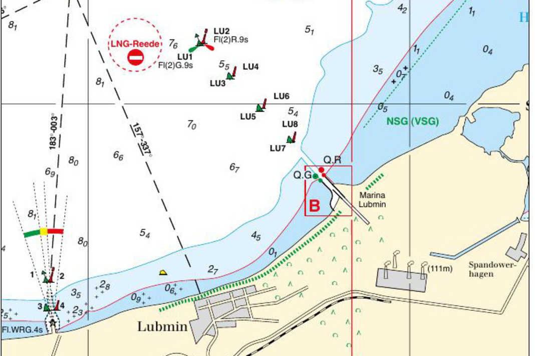 Die neue LNG-Reede Lubmin westlich der Ansteuerung des Hafens von Lubmin. Koordinaten: 54° 10,50‘ N 013° 35,70‘ E