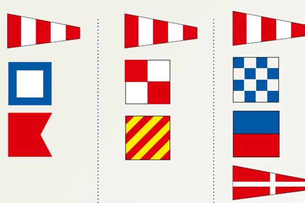 Bei Code Papa Bravo (l.) werden Minen geräumt. Übungen zeigen die Flaggen Code Uniform Yankee (M.) an. Code November Echo Four (r.) weist auf Schießübungen hin.