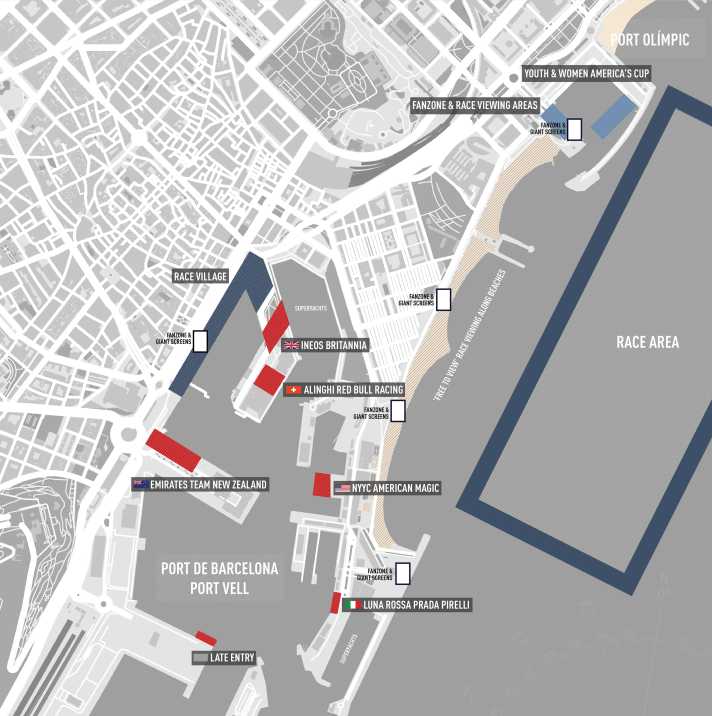 Der Überblick über die Hauptquartiere der America’s-Cup-Teams in Barcelona. Das Schweizer Team Alinghi ist bereits vor Ort, zieht aber nach Fertigstellung des künftigen Team-Heimathafens noch einmal um