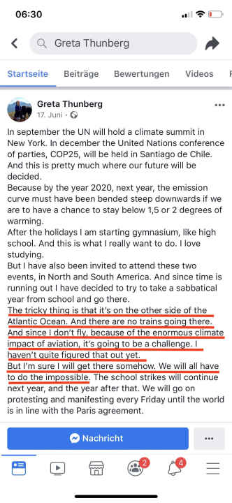   Announcement of an extraordinary "business trip": Greta's Facebook post