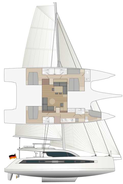 Le layout montre la version avec la cuisine intégrée latéralement dans la coque. Les lignes sont modernes, le gréement sportif.