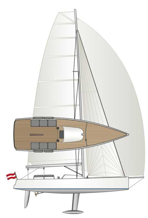 Typisch Daysailer: gestreckte Linien, wenig Freibord sowie ein hoher und schlanker Segelplan mit reichlich Segelfläche. Den T-Kiel gibt es auch in einer kürzeren Ausführung | Zeichnung: YACHT/N. Campe