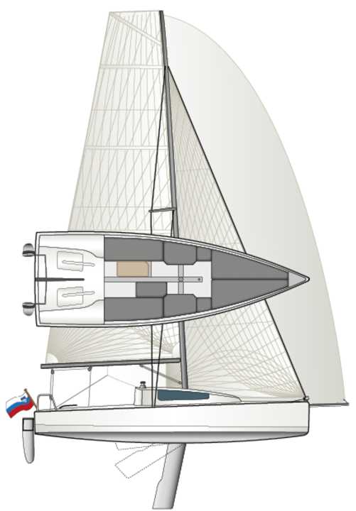 L'armo in carbonio non richiede il paterazzo e consente una randa fortemente svasata nella vela di prua | Disegno: N. Campe