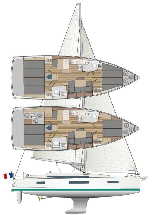 Variable : deux, trois ou quatre cabines sont possibles. Mais on en reste à deux salles de bain | Dessin : YACHT/N. Campe