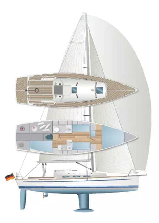 The drawing shows the standard version, variants are possible. One with a lifting keel has already been designed. The bathroom then moves next to the keel box, the saloon is less interrupted and the sofas are even larger