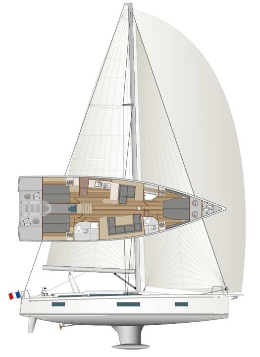 Viel Volumen und ein gemäßigter Segelplan im Werftstandard. Für den Innenausbau bleibt es bei drei Kabinen | Zeichnung: YACHT/N. Campe