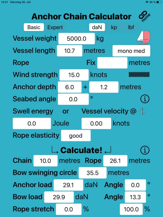   Example calculation for a 6-chain lead with a length of ten metres. At a water depth of six metres and a wind of 15 knots, an additional 27 metres of line should be added. With a continuous chain and shock cord, 26 metres would be enough