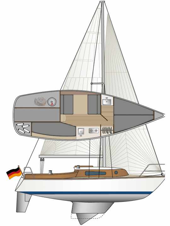 Die 24 Fuß sind sehr gut ausgenutzt. Die kleine Biga bietet viel Platz und zeigt dennoch harmonische Linien | Zeichnung: YACHT/N. Campe