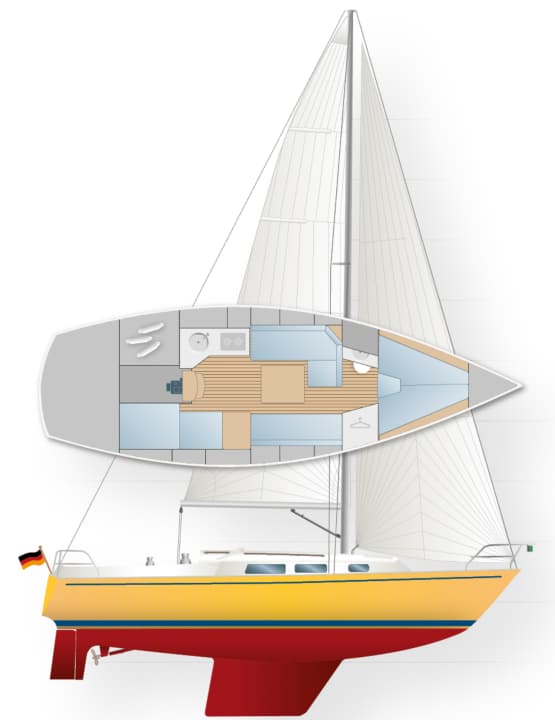 Sturdy and high-quality construction: The Hatecke shipyard on the Elbe did not skimp on materials during construction, which is noticeable in the rather high weight. The keel is part of the hull shell, so there are no seams or keel bolts. The rudder is protected by a skeg | Drawing: YACHT/N. Campe