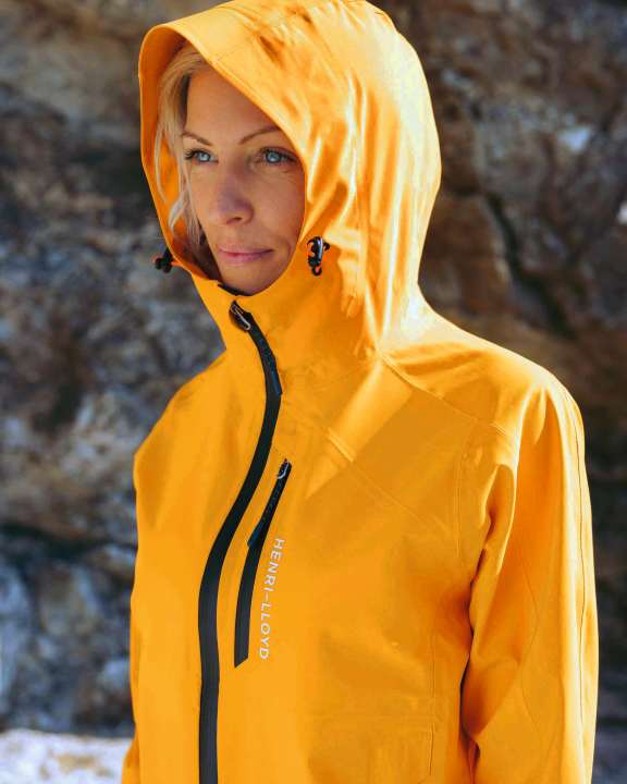   Henri Lloyd uses recycled polyester fibres for the Mav-Lite Shell Blu Jacket. However, it is not clear how high the proportion is
