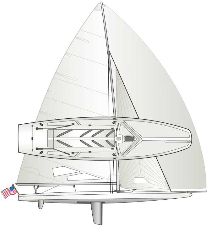 Unprecedented: flat hull, flat bow, low aspect ratio in the rig and two side centreboards.