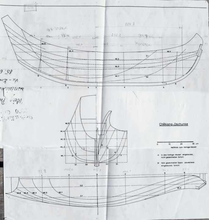 Dschunke FU - Risszeichnung des Modells aus dem Rostocker Schiffahrtsmuseum