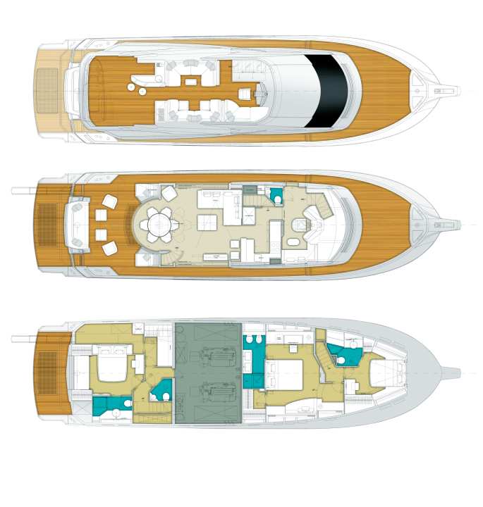 Without lazarette: The tender only has space on the bathing platform. Instead, the owner and his guests have three large cabins at their disposal