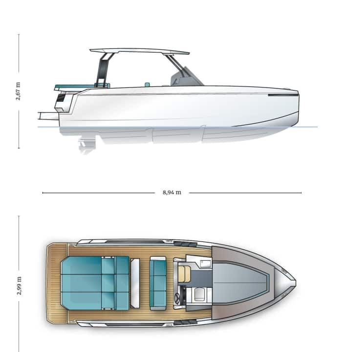 The drawings of the new De Antonio D29, the outboard engine is located under the stern couch.