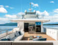 Brückendeck: Die Heckterrasse kommt mit mobilen Sitzmöbeln, Bar und Bildschirm