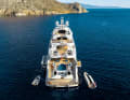 Exterior views: The original Ken Freivokh design was retained. Golden Yachts optimised the hull, which was laid down in 2007, extended the stern by three metres and added the "X" as a design feature to the existing atrium pillar. The four tenders range from 6.30 to ten metres