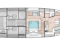 Lower deck: The galley is equipped with a microwave, hob and dishwasher. A 3.30 metre tender is stored aft